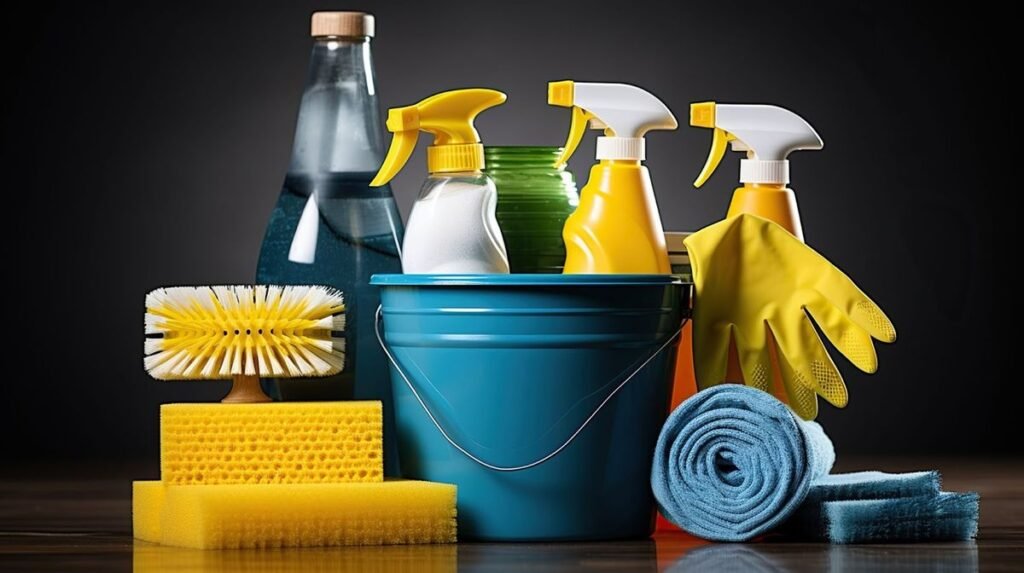 Professional cleaning supplies laid out neatly representing a trusted Australian cleaning company ready for a client job.